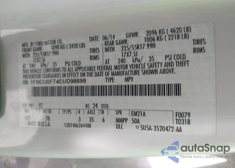 2014 Ford Escape S from USA, damaged, VIN 1FMCU0F74EUD98699